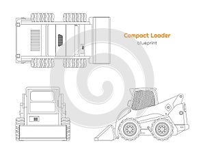 Outline compact loader. Contour side, front amd top view. Isolated drawing of mini bulldozer. Industrial blueprint