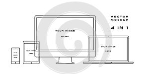 Outline computer monitor, laptop, tablet, smartphone isolated on white background. Can use for template presentation