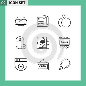 Universal Icon Symbols Group of 9 Modern Outlines of cigar, gadget, protection, devices, add