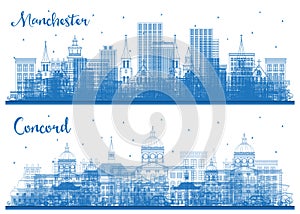 Outline Concord and Manchester New Hampshire City Skyline set with Blue Buildings. Business Travel and Tourism Concept with Modern