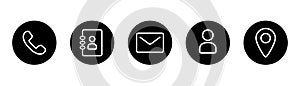 Outline contact us icon set. Support icons. Outline contact icon in circle. Phone symbol. Linear location pointer in black. Phone