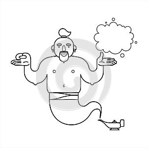 Outline, contour genie from a lamp, cartoon character. For coloring book page. The genie will easily fulfill any three wishes.