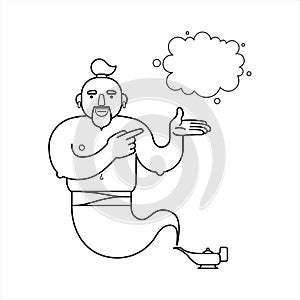 Outline, contour genie from a lamp, cartoon character. For coloring book page. The genie will fulfill any three wishes. Draw a