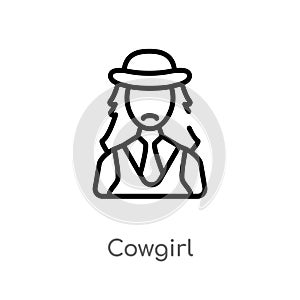 outline cowgirl vector icon. isolated black simple line element illustration from desert concept. editable vector stroke cowgirl