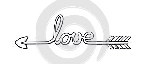 Outline of Cupid Arrow Curved into the Word Love. Valentines Day Symbol. Vector Illustration. Hand drawn Doodle Clip Art