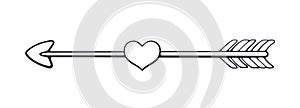 Outline of Cupid Arrow with Pierced Heart in the Middle. Valentines Day Symbol. Vector Illustration. Hand drawn Doodle