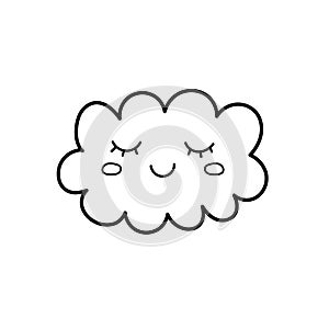 Outline cute cloud icon isolated on white background. Linear happy cloud character