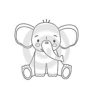 The outline of a cute sitting elephant. Vector illustration for kids coloring book. Cartoon animal sketch