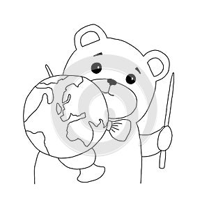The outline of the cute Teddy Bear student with globe and pointer