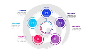 Outline cycle diagram with 5 options or steps. Slide for business presentation. Circle abstract element divided into