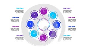 Outline cycle diagram with 8 options or steps. Slide for business presentation. Circle abstract element divided into