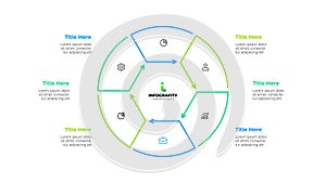 Outline cycle diagram divided into 6 sectors. Design concept of six steps or parts of business cycle. Infographic design