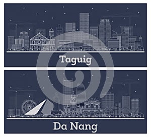 Outline Da Nang Vietnam and Taguig Philippines City Skyline Set with White Buildings