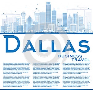 Outline Dallas Skyline with Blue Buildings and Copy Space.