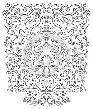 Outline decorative pattern with lace and dragons. Vector asian contour texture.