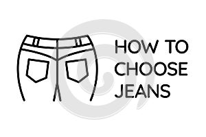 Outline denim jeans back view icon with pockets and yoke. Advice, tips how to choose perfect pants. White background isolated