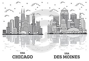 Outline Des Moines Iowa and Chicago Illinois USA City Skyline Set