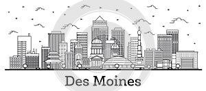 Outline Des Moines Iowa City Skyline with Modern Buildings Isolated on White