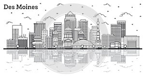 Outline Des Moines Iowa City Skyline with Modern Buildings and Reflections Isolated on White