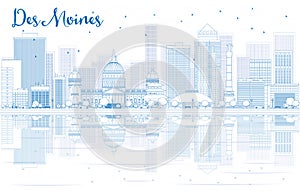 Outline Des Moines skyline with blue buildings and reflections.