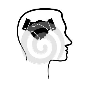 Outline design icon with human head, brain and black linear hand