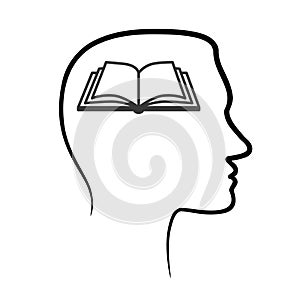 outline design icon with human head, brain and open book. Abstract outline Man head and open book icon. Face profile view