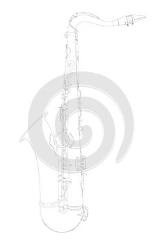 Outline detailed saxophone isolated on white background. Side view. Vector illustration