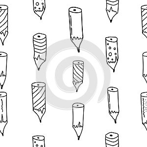 Outline different pencils seamless pattern, vector hand draw illustration, background on back to school theme
