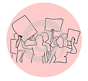 Outline digital sketch of protestors on red background