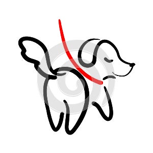 Outline dog on leash illustration. Backside puppy walking line art. Walk with pets logo. Doggy company emblem and