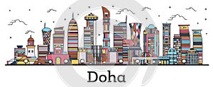 Outline Doha Qatar City Skyline with Color Buildings Isolated on White photo