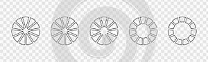 Outline donut charts or pies segmented on 11 equal parts. Set of infographic wheels divided in eleven sections. Circle