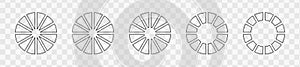 Outline donut charts or pies segmented on 12 equal parts. Set of infographic wheels divided in twelve sections. Circle