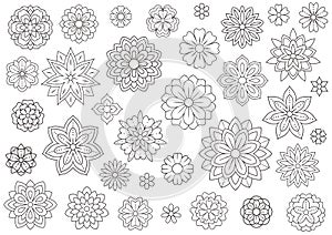 Outline doodle flowers for adult coloring book. Beautiful floral background for color artwork. Monochrome zentangle