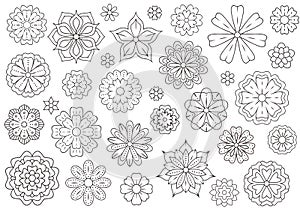 Outline doodle flowers for adult coloring book. Beautiful floral background for color artwork. Monochrome zentangle