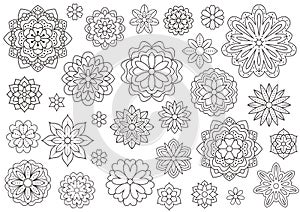 Outline doodle flowers for adult coloring book. Beautiful floral background for color artwork. Monochrome zentangle photo