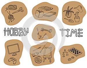 Outline doodle hobbies set. Stay home concept. Top table and video games, painting, reading, sport, knitting, gardening vector