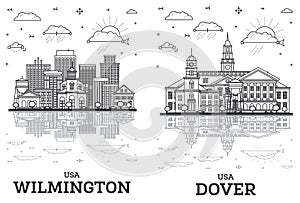 Outline Dover and Wilmington Delaware USA City Skyline set with Historic Buildings and reflections Isolated on White. Cityscape