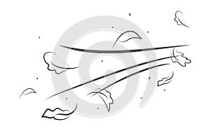 Outline drawing of a breath of wind with flying autumn leaves.Wind blow set in line style.Wave flowing illustration with