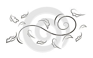 Outline drawing of a breath of wind with flying autumn leaves.Wind blow set in line style.Wave flowing illustration with