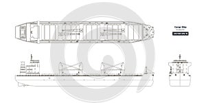 Outline drawing of cargo ship on a white background. Top, side and front view of tanker