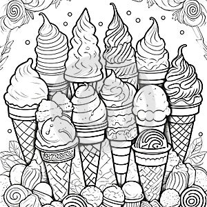 an outline drawing coloring page with collection of ice creams and seamless pattern arround it photo