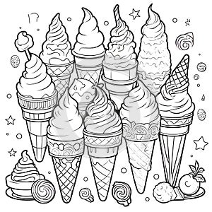 an outline drawing coloring page of ice cream cones with oranments arround it photo