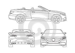 Outline drawing of a convertible, view from three sides