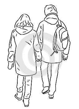 Outline drawing of couple citizens walking along street together