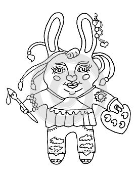 Outline drawing a cute rabbit girl artist with brush and palette paint cartoon character on isolated white background