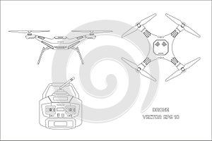 Outline drawing of drone on a white background. The control panel of quadrocopter . Front, top view
