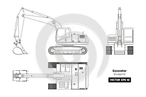 Outline drawing of excavator. Top, side and front view. Diesel blueprint. Hydraulic machinery. Industrial document