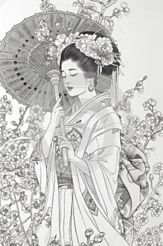 Outline drawing geisha, feminine look, eyes down
