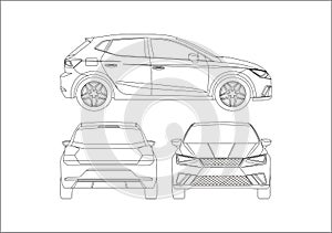 Outline drawing of the hatchback, view from three sides